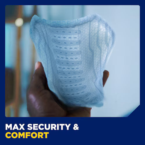 A light blue mesh safety undergarment held up by a hand, with a dark blue graphic border and text at the bottom reading 'MAX SECURITY & COMFORT'. - okotoks hc pharmacy