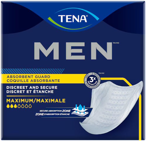 Front packaging of TENA Men absorbent guard underwear, featuring a dark blue box with yellow accents, product text in English and French, and a graphic of a white absorbent pad on the lower right. - okotoks hc pharmacy
