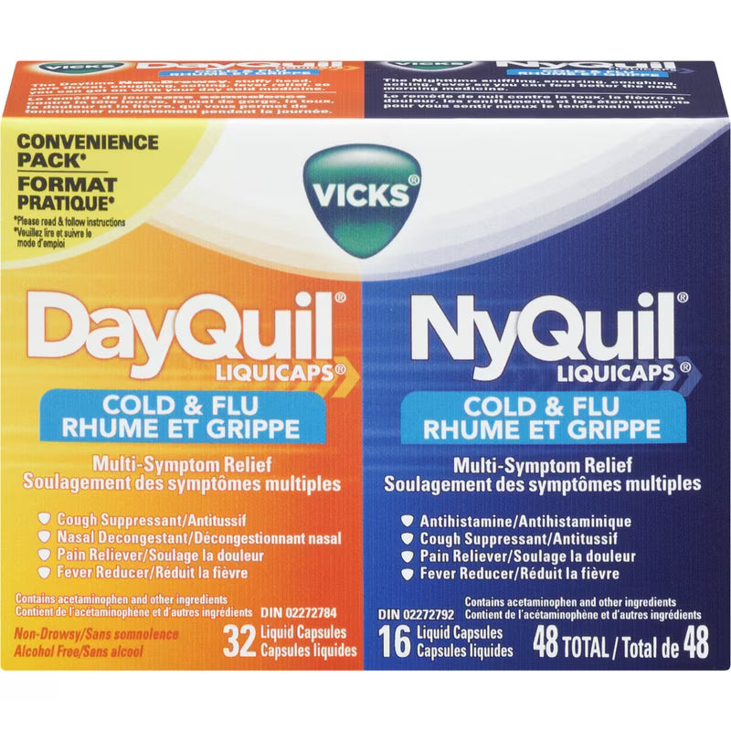 Vicks DayQuil and NyQuil boxes for cold and flu relief on a white background - Okotoks HC Pharmacy