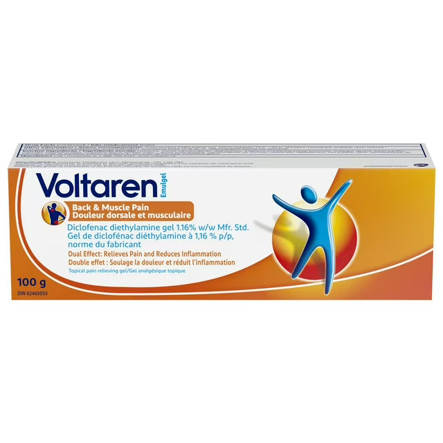 Box of Voltaren gel for back and muscle pain on a white background - okotoks hc pharmacy
