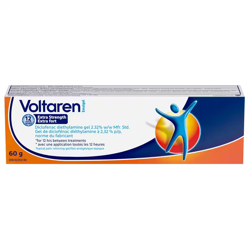 Box of Voltaren Extra Strength gel on a white background - okotoks hc pharmacy