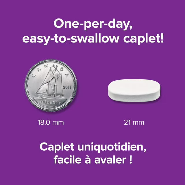 Comparison of a coin and a caplet on a purple background with text about the caplet's size and ease of swallowing. - okotoks hc pharmacy