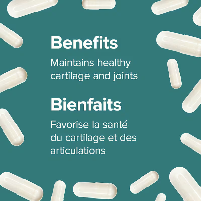 White capsules on a teal background with text about maintaining healthy cartilage and joints. - okotoks hc pharmacy