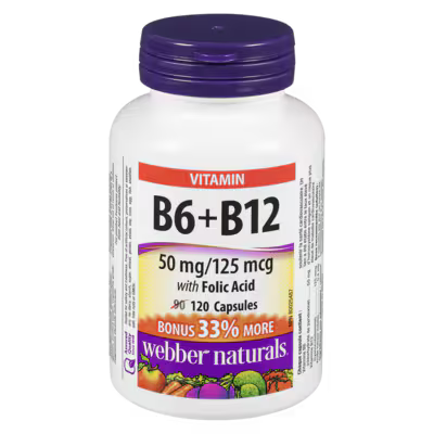 Webber Naturals Vitamin B6+B12 supplement bottle on a white background - okotoks hc pharmacy