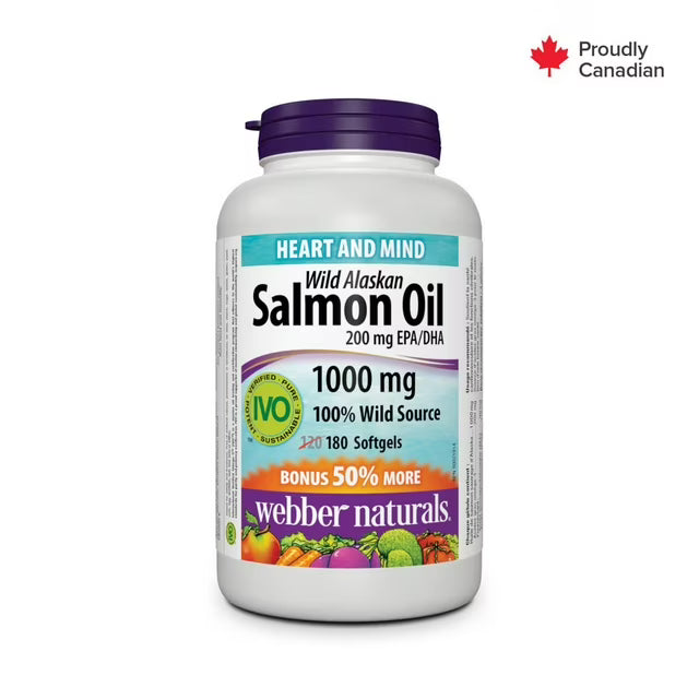 Webber Naturals Wild Alaskan Salmon Oil supplement bottle on a white background - okotoks hc pharmacy