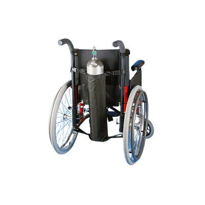 Wheelchair with an oxygen tank attached on a white background - Okotoks HC Pharmacy