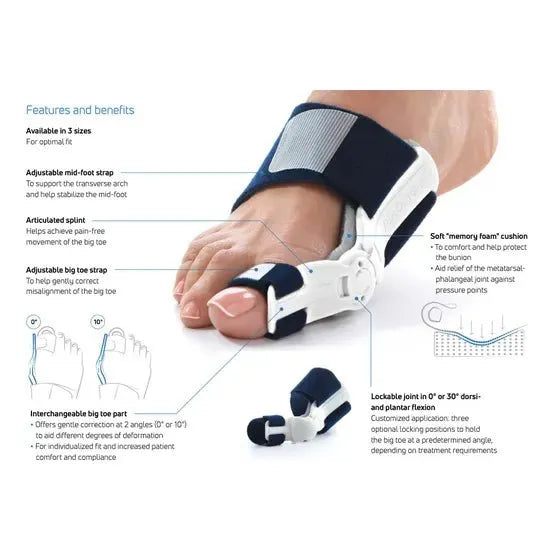 Foot orthotic with features and benefits highlighted on a white background - okotoks hc pharmacy