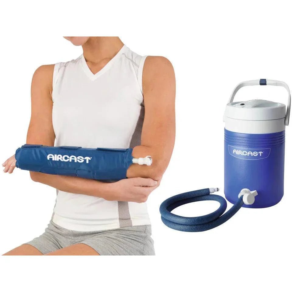 Person using a blue ice pack on an arm with a cooler next to them - okotoks hc pharmacy