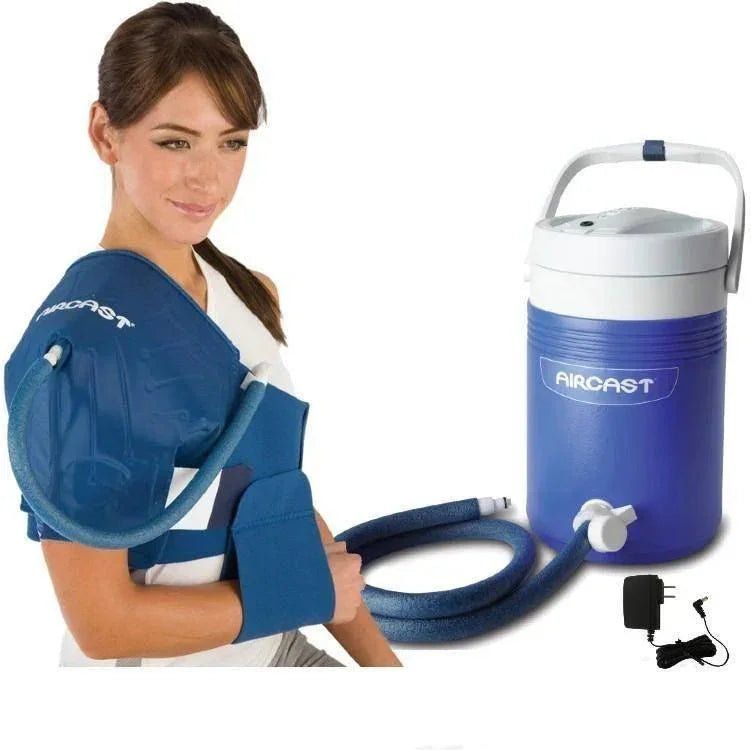Woman using an Aircast cold pack with a cooler on a white background - okotoks hc pharmacy