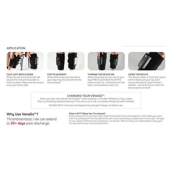 Instruction sheet for the VenaGo deep vein thrombosis prevention device, showing step-by-step application, charging instructions, and a small product photo on a white background. - okotoks hc pharmacy