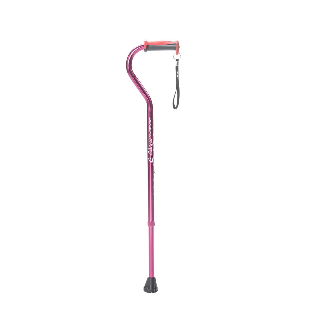 Pink walking cane with a black foot pad on a white background - okotoks hc pharmacy