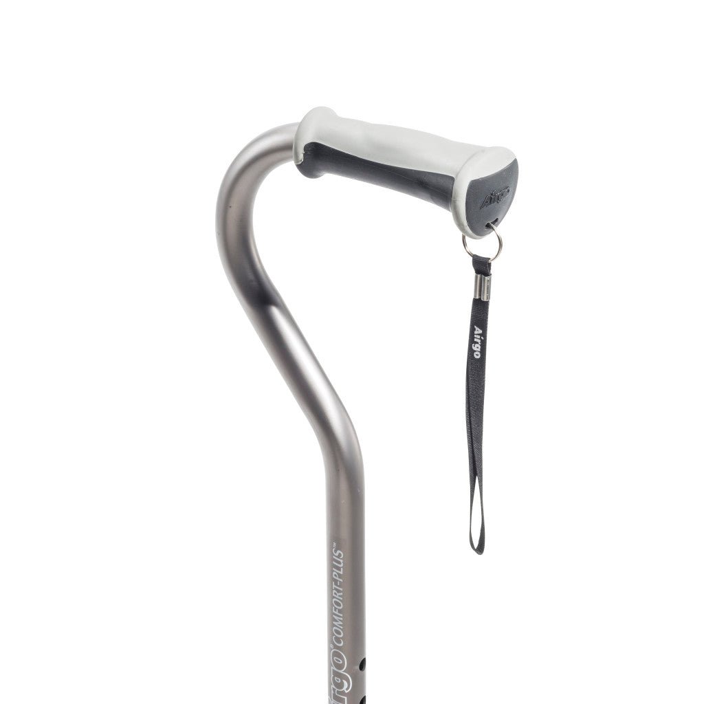 Silver and white cane with a strap on a white background - okotoks hc pharmacy