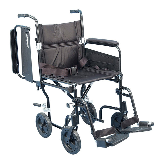 Black manual wheelchair with brown seat cover on a white background - okotoks hc pharmacy