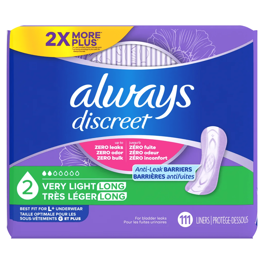 A package of Always Discreet 2-Size Light Long absorbent pads, featuring a blue and purple box with a yellow '2X MORE PLUS' banner, a pink leak protection badge, and a graphic of a single light purple pad. - okotoks hc pharmacy