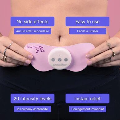 Person wearing a pink electronic device on their abdomen with text highlighting features. - okotoks hc pharmacy