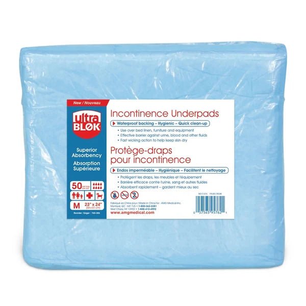 A packaged light blue incontinence underpad, shown front-facing on a white background. The package includes a large white label with red and blue text, including the brand UltraBlok and product details. - okotoks hc pharmacy