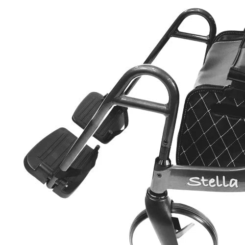 Black and silver walker with footrests on a white background - okotoks hc pharmacy