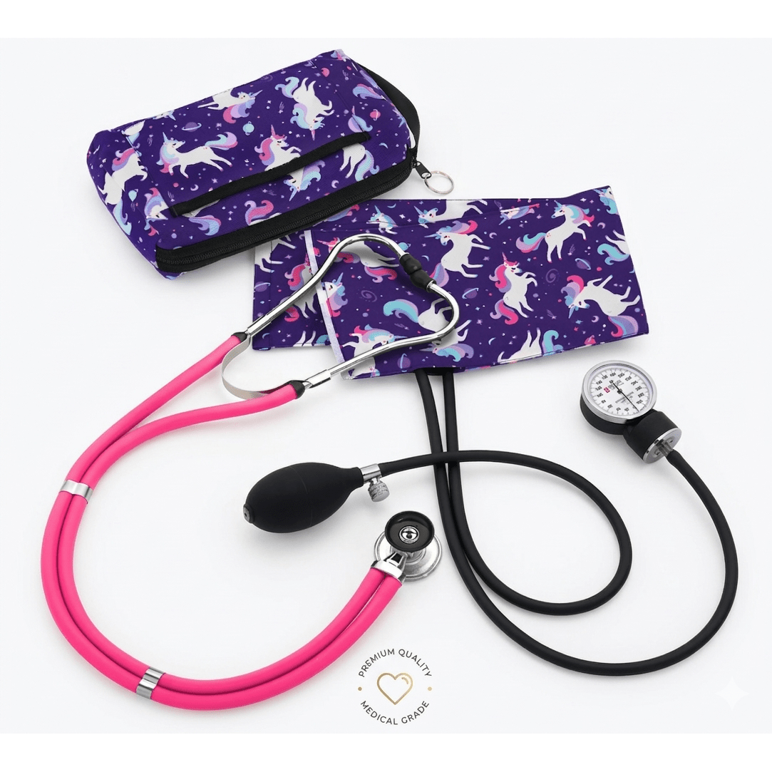 Pink stethoscope with unicorn-patterned case on a white background - okotoks hc pharmacy