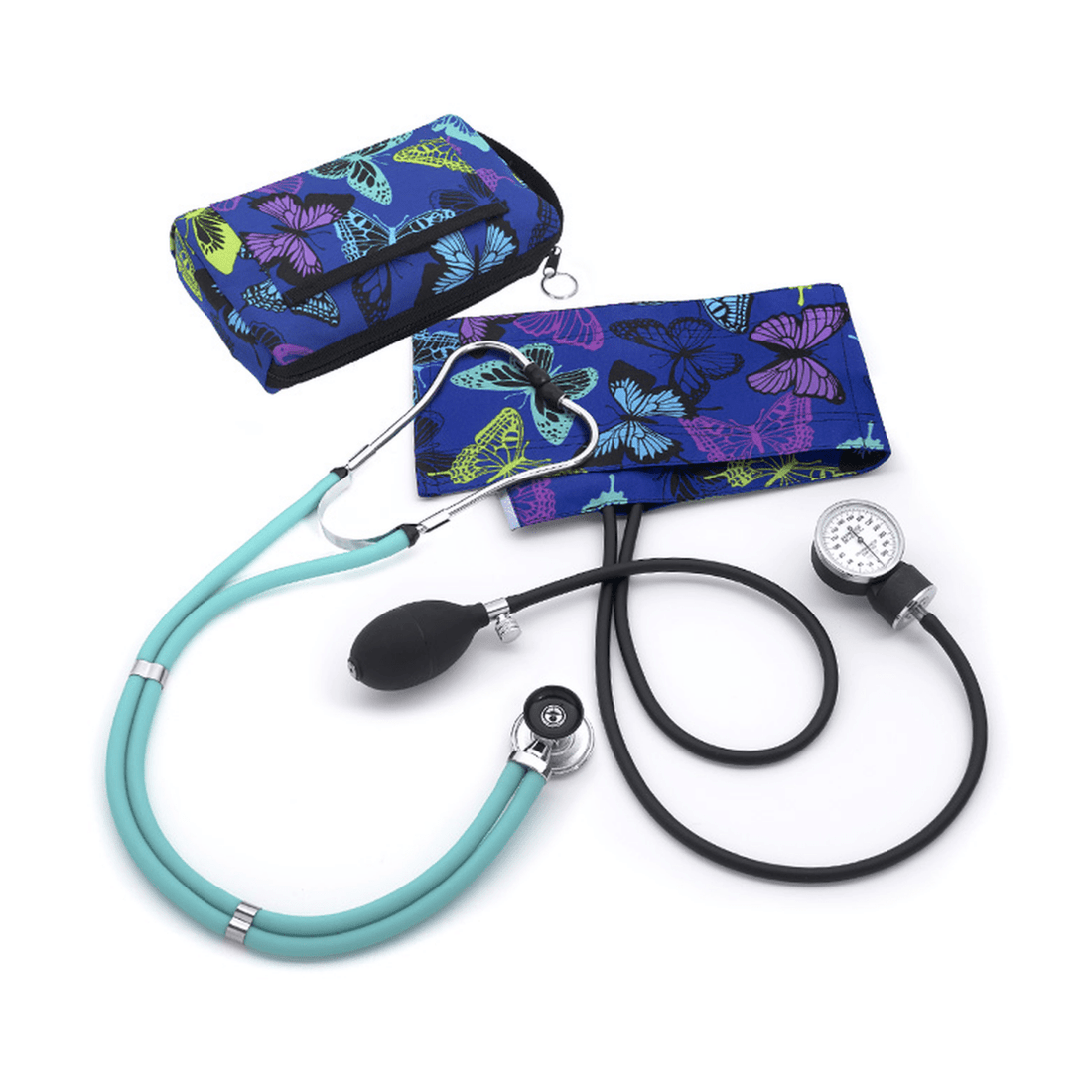 Stethoscope with blue and black floral-patterned case on a white background - okotoks hc pharmacy