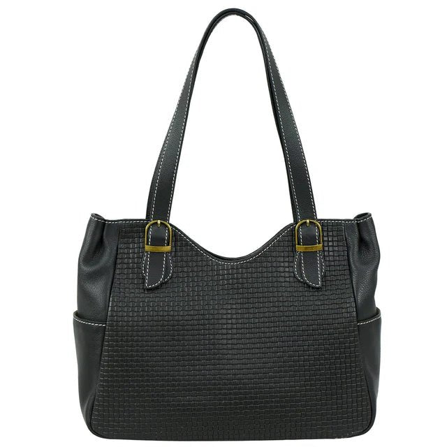 Black textured handbag with gold buckles on a white background - okotoks hc pharmacy