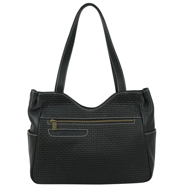 Black textured handbag with a gold zipper on a white background - okotoks hc pharmacy