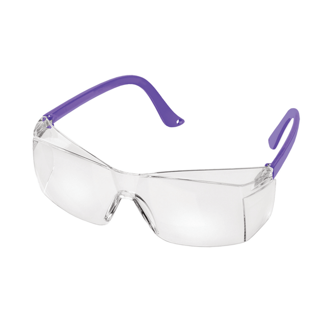 Clear safety glasses with purple frames on a white background - okotoks hc pharmacy