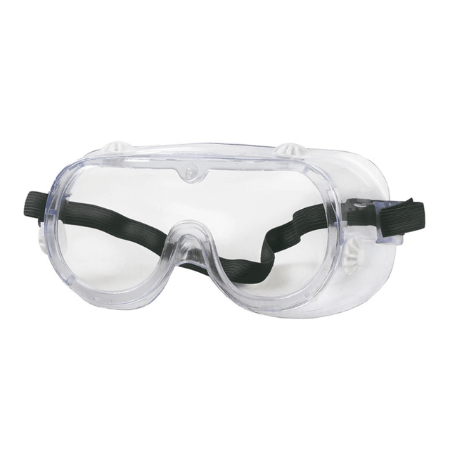 Clear safety goggles with black straps on a white background - okotoks hc pharmacy