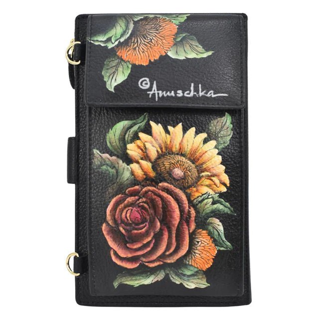 Black wallet with floral embroidery featuring sunflowers and roses, brand 'Anuschka' visible. - okotoks hc pharmacy