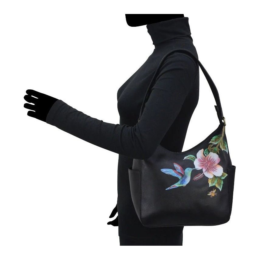 Anuschka Leather Classic Hobo With Side Pockets Hummingbird 382 - HGB - BLK - Okotoks HC Pharmacy