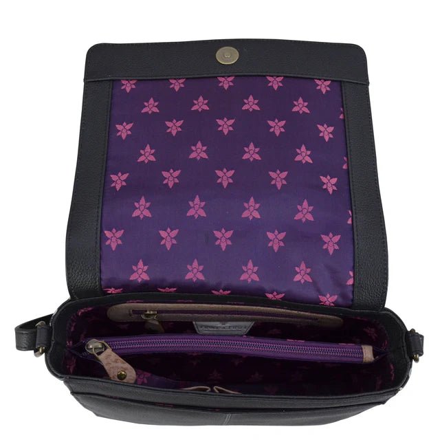 Purple bag with pink floral pattern on a white background - okotoks hc pharmacy