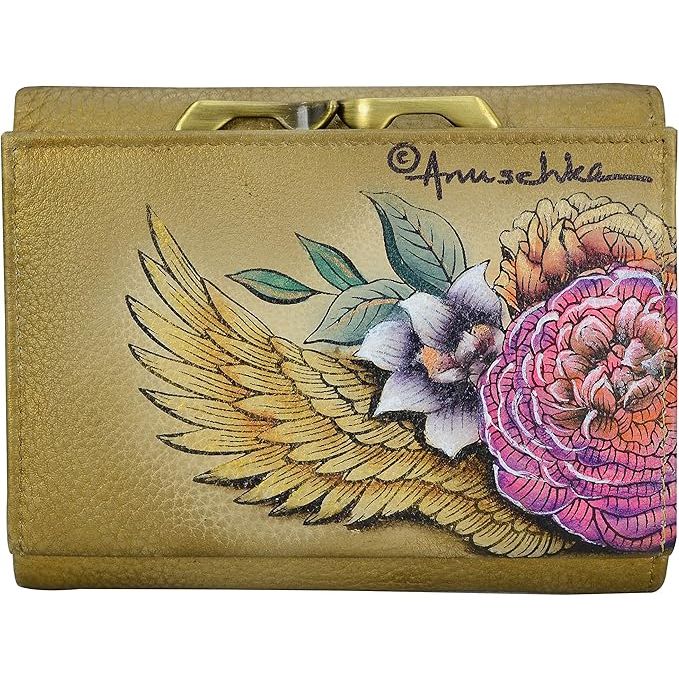 Beige wallet with floral and wing design, featuring the brand 'Anuschka'. - okotoks hc pharmacy