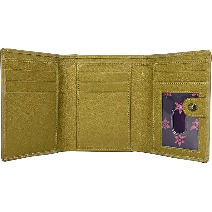 Open yellow wallet showing interior compartments with a purple card holder. - okotoks hc pharmacy