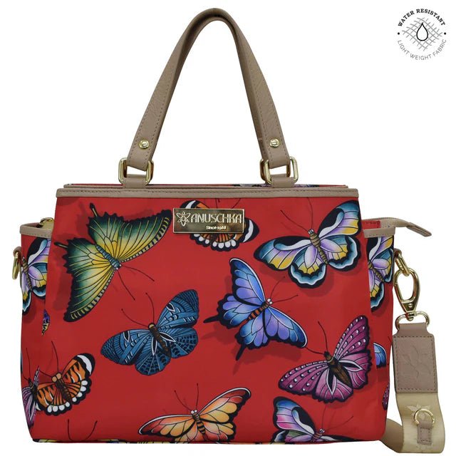 Anuschka multi compartment satchel nylon red butterfly - Okotoks HC Pharmacy