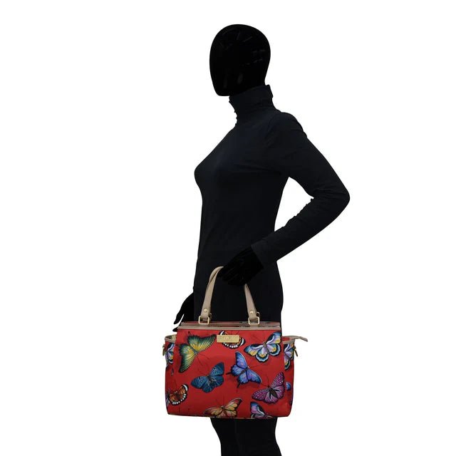Anuschka multi compartment satchel nylon red butterfly - Okotoks HC Pharmacy
