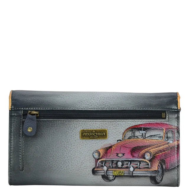 Wallet with vintage car design and brand logo on a white background - okotoks hc pharmacy