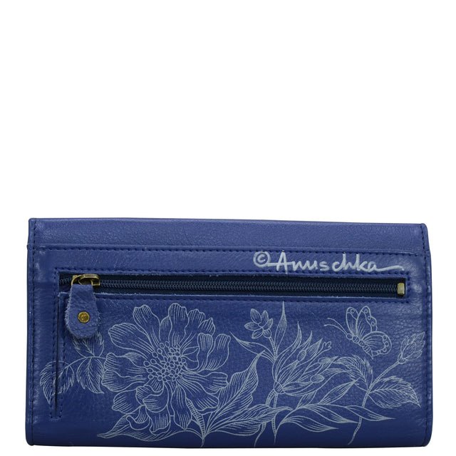 Blue wallet with floral designs and 'Anuschka' branding on a white background - okotoks hc pharmacy