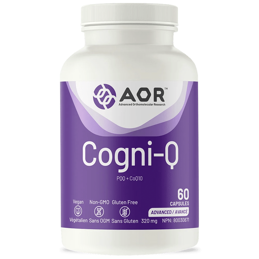 Supplement bottle labeled 'Cogni-Q' by AOR on a white background - okotoks hc pharmacy