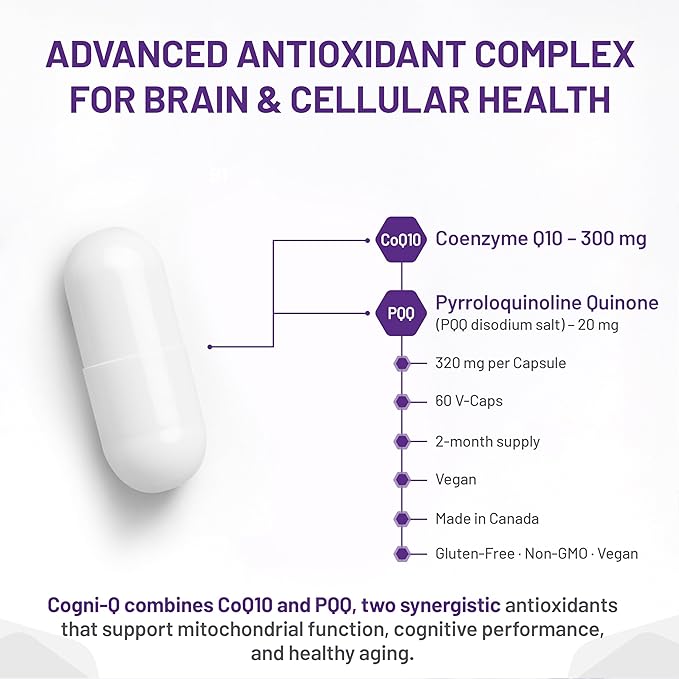 Cogni-Q supplement capsule with detailed information on ingredients and benefits on a white background - okotoks hc pharmacy