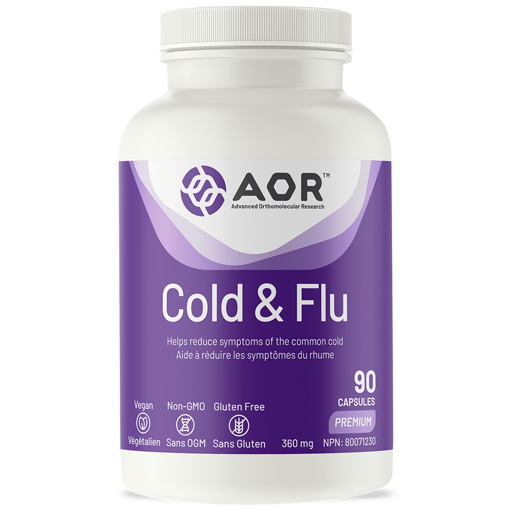 Supplement bottle labeled 'Cold & Flu' by AOR on a white background - okotoks hc pharmacy
