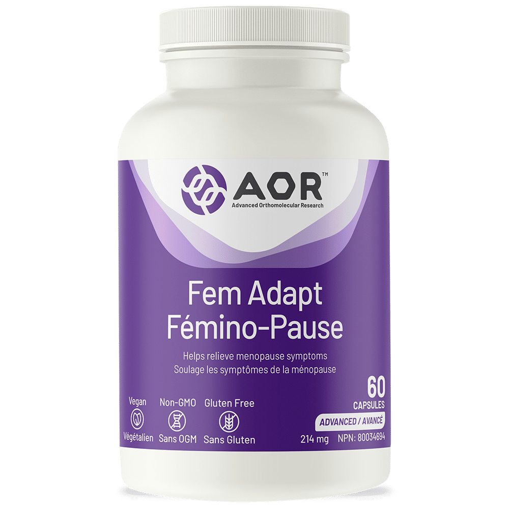 Bottle of AOR Fem Adapt Fémino-Pause supplement on a white background - okotoks hc pharmacy