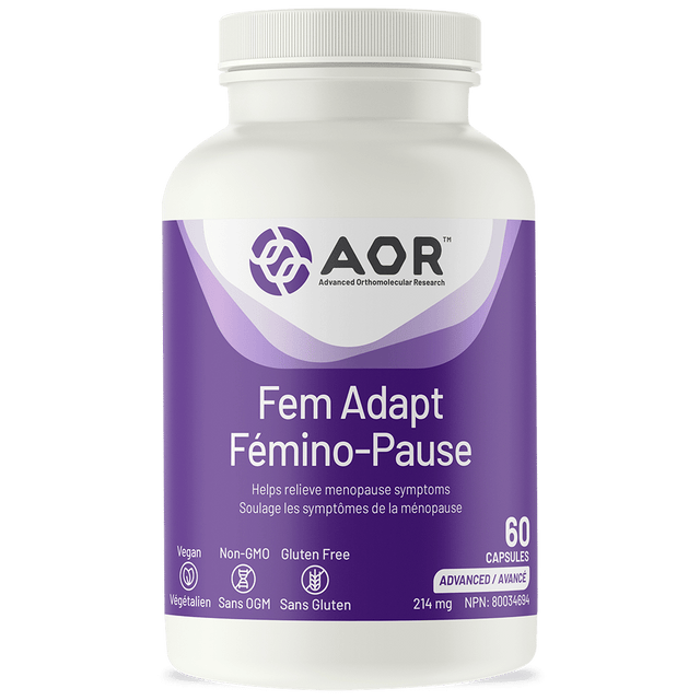Bottle of AOR Fem Adapt Fémino-Pause supplement on a white background - okotoks hc pharmacy