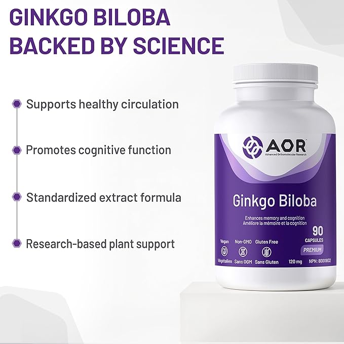 AOR Ginkgo Biloba supplement bottle with text highlighting benefits on a white background - okotoks hc pharmacy