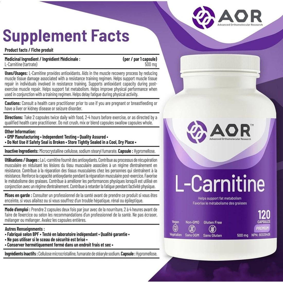 AOR L-Carnitine supplement bottle with label on a purple background - okotoks hc pharmacy