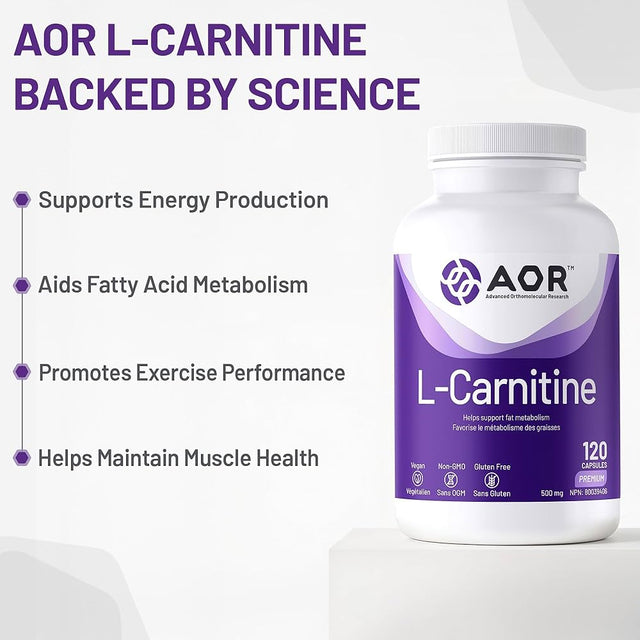 AOR L-Carnitine supplement bottle with benefits listed on a white background - okotoks hc pharmacy