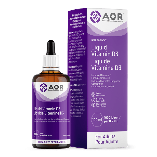 AOR Liquid Vitamin D3 bottle and packaging on a white background - Okotoks HC Pharmacy