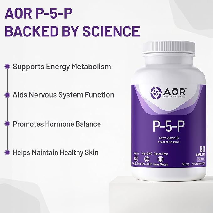 AOR P-5-P supplement bottle with benefits listed on a white background - okotoks hc pharmacy