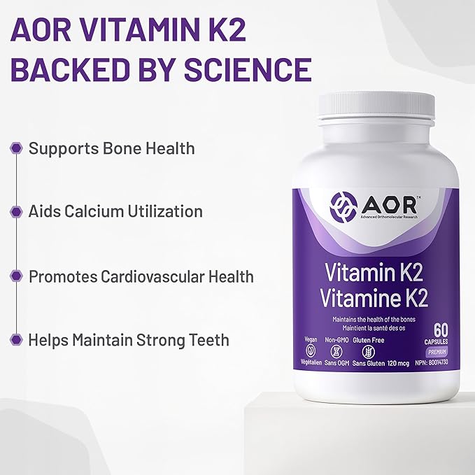 AOR Vitamin K2 supplement bottle with benefits listed on a white background - okotoks hc pharmacy