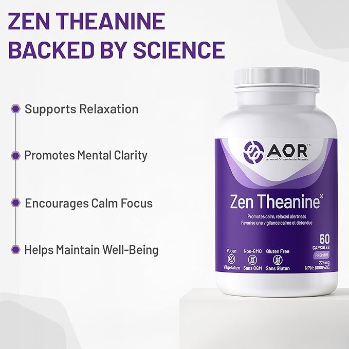 AOR Zen Theanine supplement bottle with benefits listed on a white background - okotoks hc pharmacy