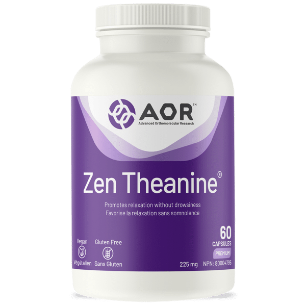 Bottle of AOR Zen Theanine supplement on a white background - okotoks hc pharmacy