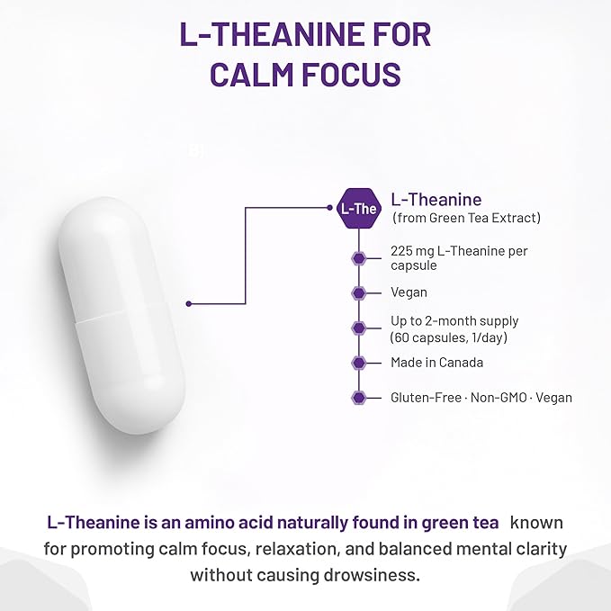 L-Theanine supplement capsule with product details on a white background - okotoks hc pharmacy